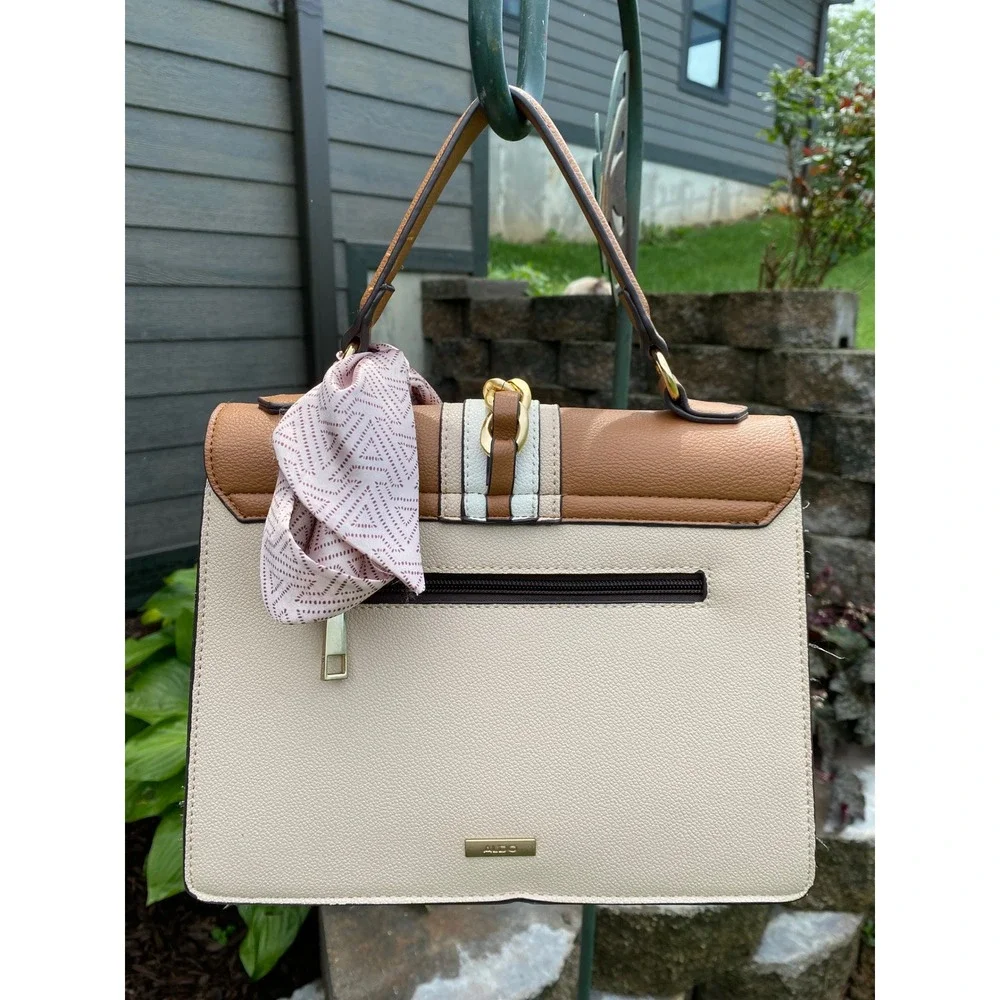 ALDO Colorblock Top Handle Satchel Tan Cream Scarf Accent Luxury‎ Handbag Style